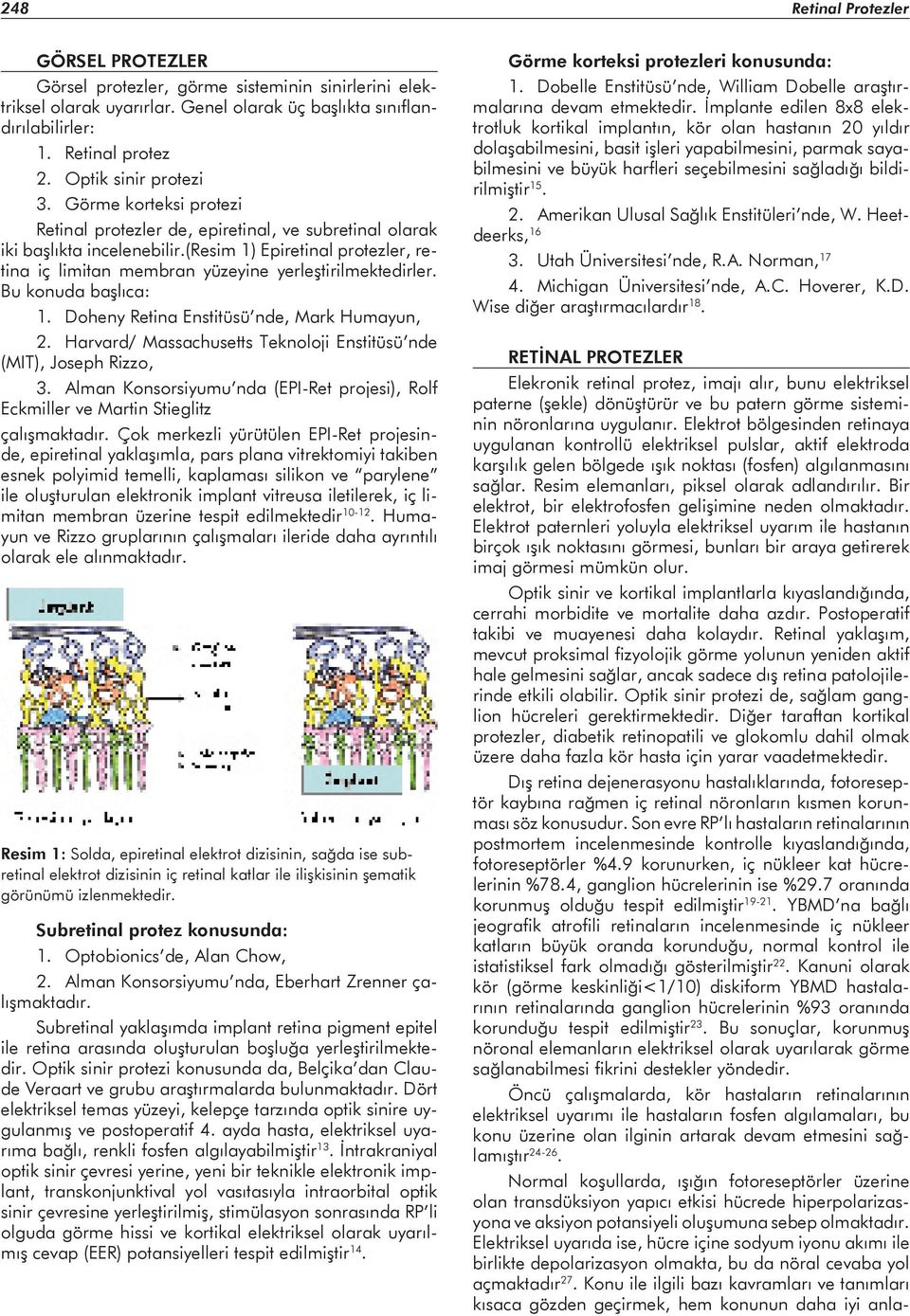 (resim 1) Epiretinal protezler, retina iç limitan membran yüzeyine yerleştirilmektedirler. Bu konuda başlıca: 1. Doheny Retina Enstitüsü nde, Mark Humayun, 2.