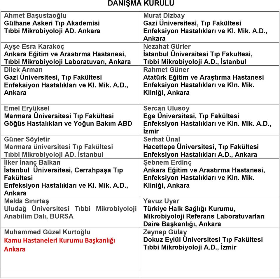 lek Arman Gazi Üniversitesi, Tıp Fakültesi Enfeksiyon Hastalıkları ve Kl. Mik. A.D., Ankara DANI MA KURULU Murat Dizbay Gazi Üniversitesi, Tıp Fakültesi Enfeksiyon Hastalıkları ve Kl. Mik. A.D., Ankara Nezahat Gürler stanbul Üniversitesi Tıp Fakultesi, Tıbbi Mikrobiyoloji A.