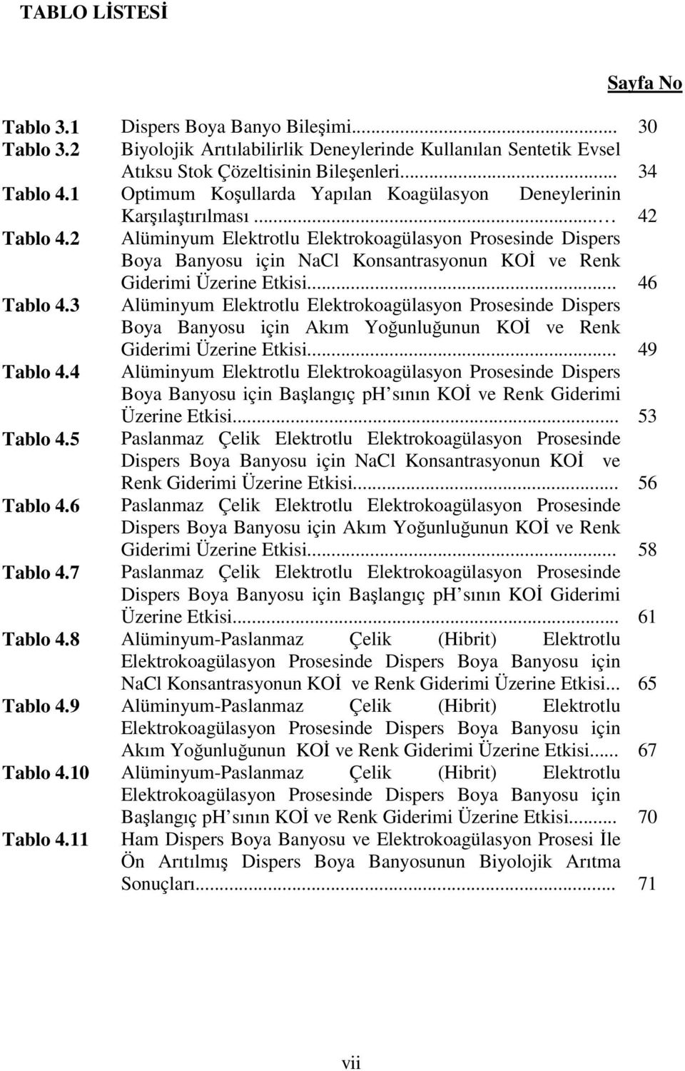 2 Alüminyum Elektrotlu Elektrokoagülasyon Prosesinde Dispers Boya Banyosu için NaCl Konsantrasyonun KOİ ve Renk Giderimi Üzerine Etkisi... 46 Tablo 4.