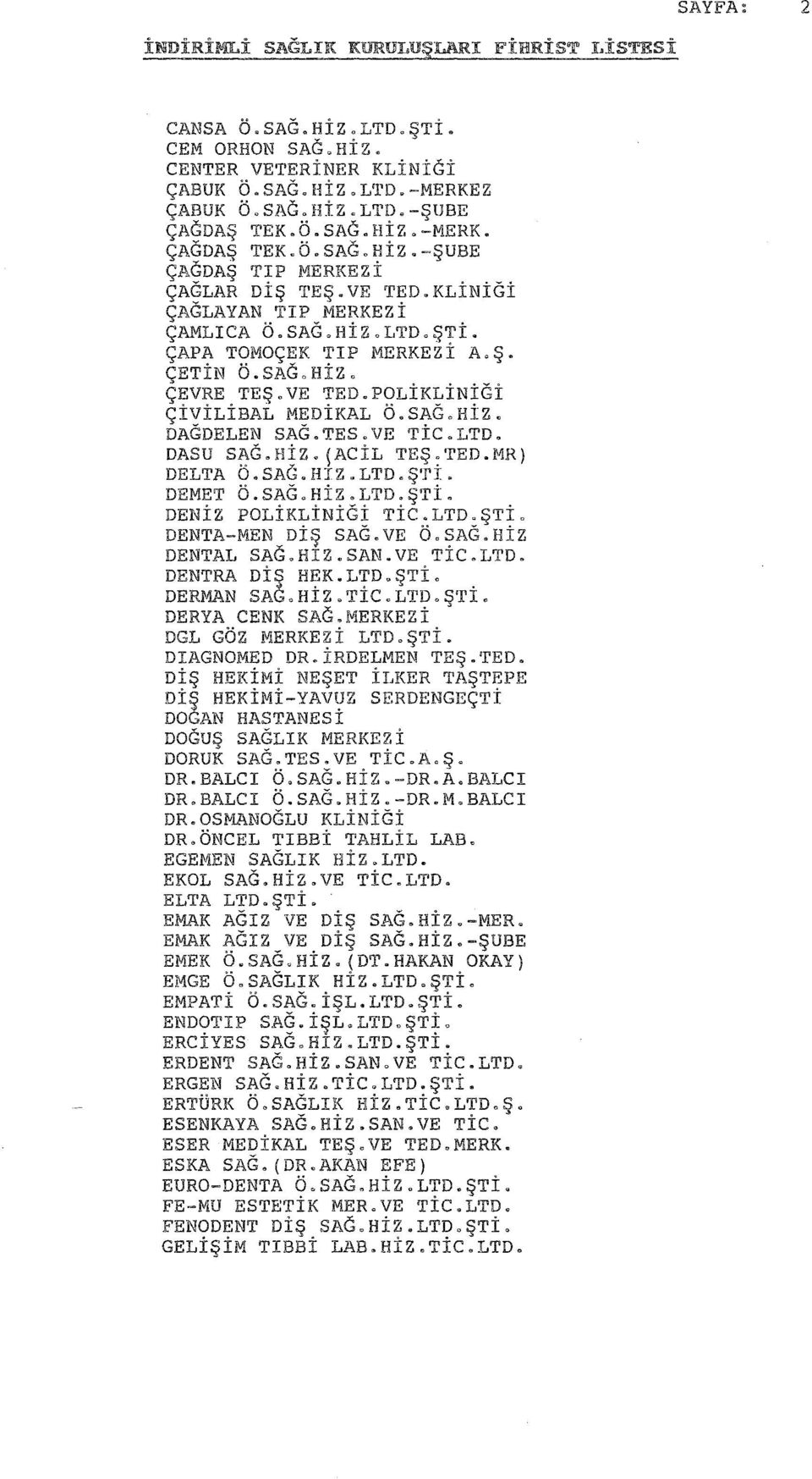 VE TED.POLİKLİNİGİ ÇİVİLİBAL MEDİKAL Ö.SAG.HİZ. DAGDELEN SAG. TES. VE ri c. LTD. DASU S~G.HİZ.!ACİL TEŞ:TED.MR) DELTA O.SAGoHIZ.LTD.ŞTI. DEMET Ö.SAG.HİZ.LTD.ŞTİ. DENİZ POLİKLİNİGİ TİC.LTD.ŞTİ. DENTA-MEN DİŞ SAG.