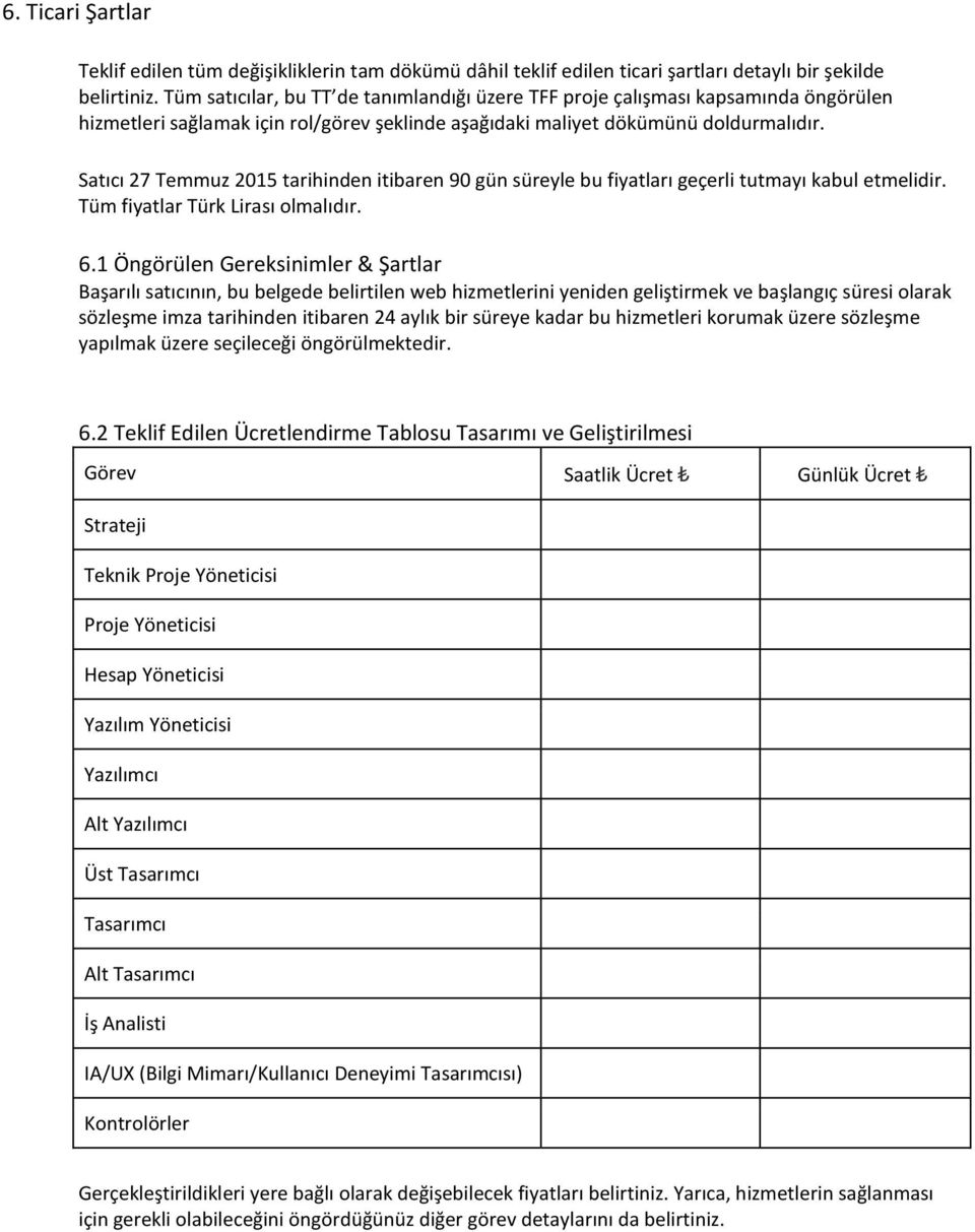 Satıcı 27 Temmuz 2015 tarihinden itibaren 90 gün süreyle bu fiyatları geçerli tutmayı kabul etmelidir. Tüm fiyatlar Türk Lirası olmalıdır. 6.