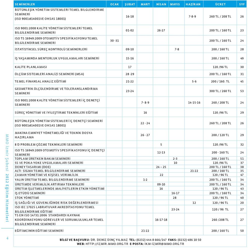 KONTROLÜ SEMİNERLERİ 09-10 7-8 200 / 160 TL 28 İŞ YAŞAMINDA MENTORLUK UYGULAMALARI SEMİNERİ 15-16 200 / 160 TL 49 KALİTE PLANLAMASI 17 120 /96 TL 30 ÖLÇÜM SİSTEMLERİ ANALİZİ SEMİNERİ (MSA) 28-29 200
