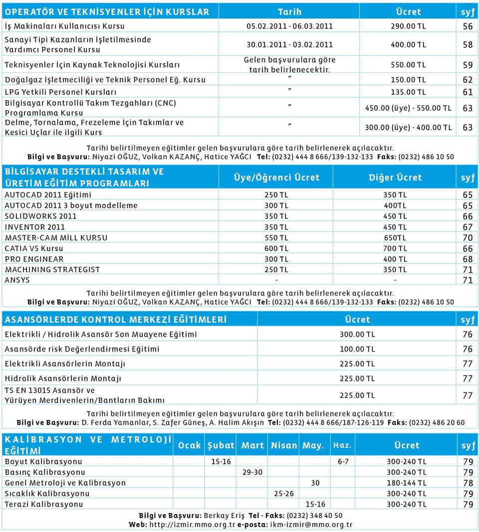 00 TL 62 LPG Yetkili Personel Kursları 135.00 TL 61 Bilgisayar Kontrollü Takım Tezgahları (CNC) Programlama Kursu 450.00 (üye) - 550.