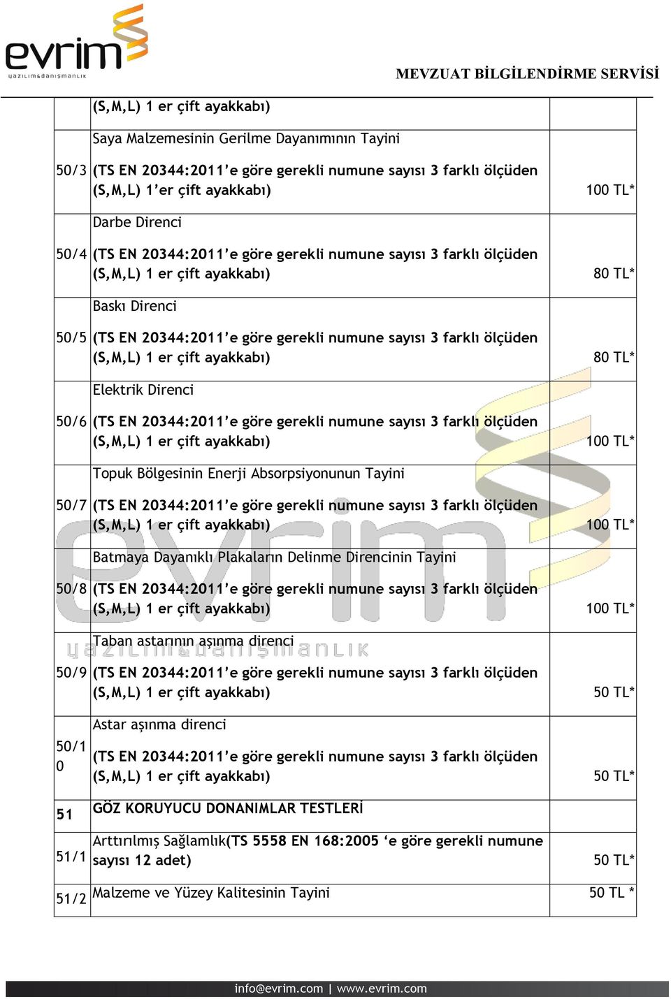 50/8 Taban astarının aşınma direnci 50/9 50/1 0 51 51/1 Astar aşınma direnci GÖZ KORUYUCU DONANIMLAR TESTLERİ Arttırılmış