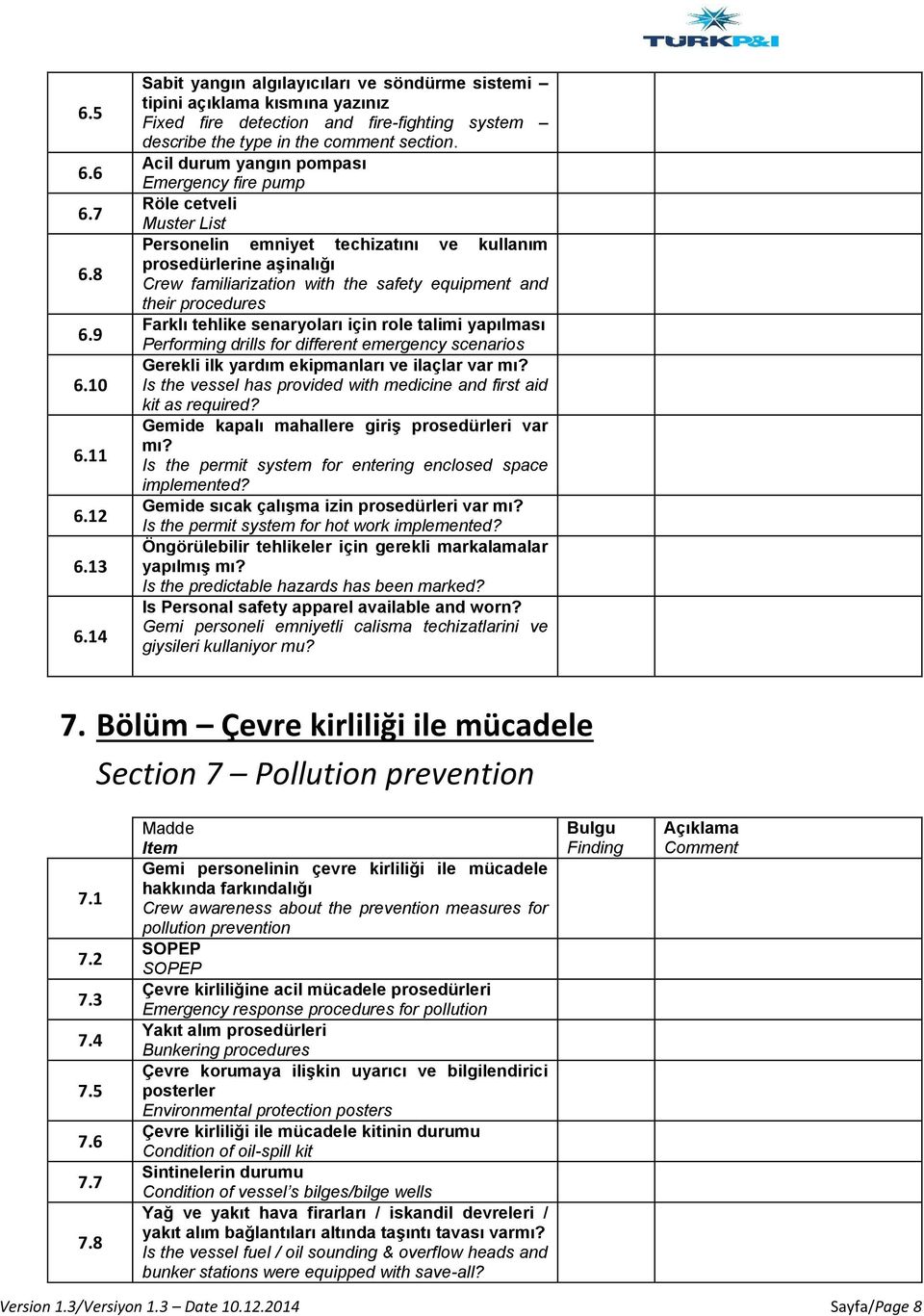 Acil durum yangın pompası Emergency fire pump Röle cetveli Muster List Personelin emniyet techizatını ve kullanım prosedürlerine aşinalığı Crew familiarization with the safety equipment and their