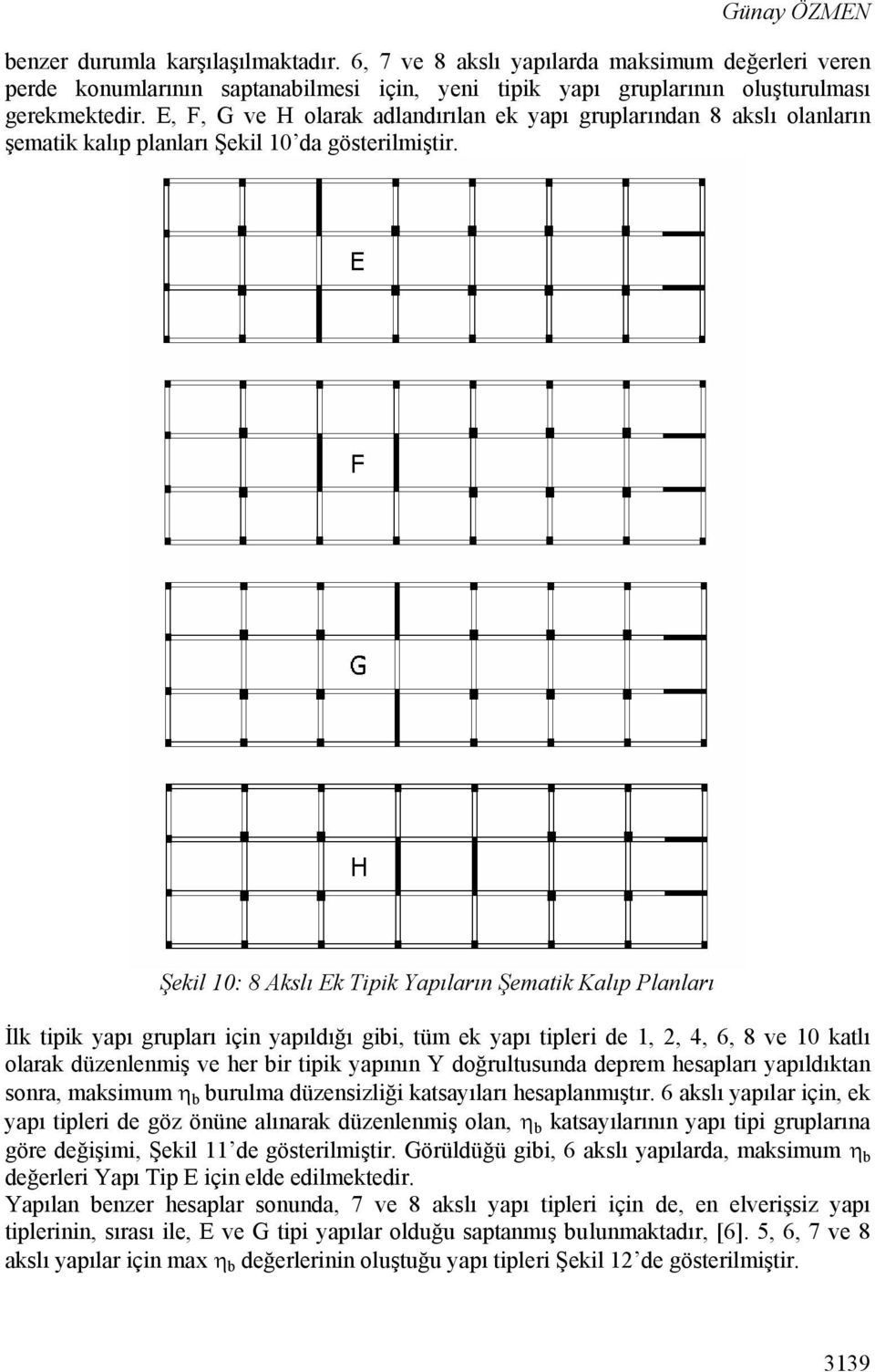 Şekil 10: 8 Akslı Ek Tipik Yapıların Şematik Kalıp Planları İlk tipik yapı grupları için yapıldığı gibi, tüm ek yapı tipleri de 1, 2, 4, 6, 8 ve 10 katlı olarak düzenlenmiş ve her bir tipik yapının Y