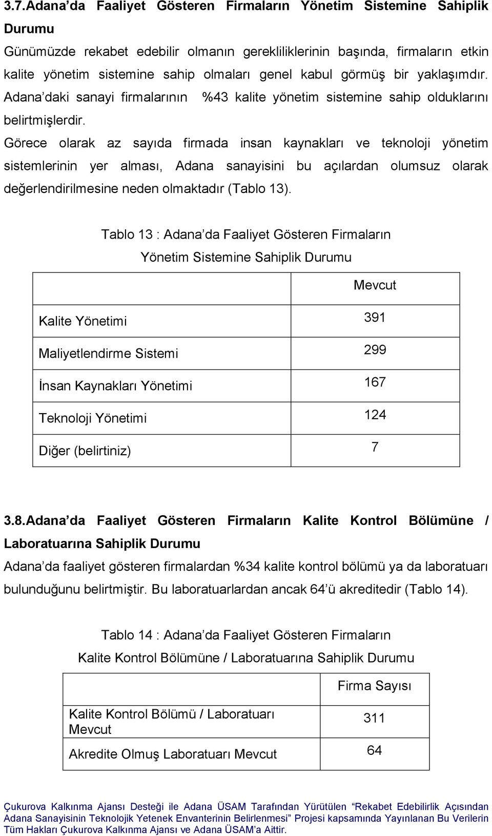 Görece olarak az sayıda firmada insan kaynakları ve teknoloji yönetim sistemlerinin yer alması, Adana sanayisini bu açılardan olumsuz olarak değerlendirilmesine neden olmaktadır (Tablo 13).