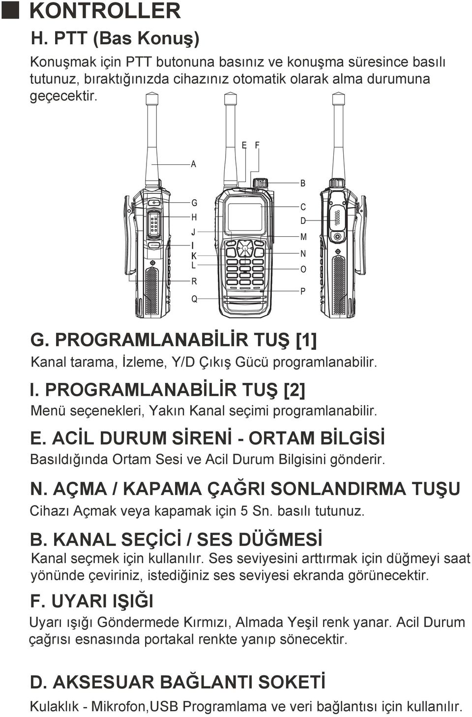 ACİL DURUM SİRENİ - ORTAM BİLGİSİ Basıldığında Ortam Sesi ve Acil Durum Bilgisini gönderir. N. AÇMA / KAPAMA ÇAĞRI SONLANDIRMA TUŞU Cihazı Açmak veya kapamak için 5 Sn. basılı tutunuz. B. KANAL SEÇİCİ / SES DÜĞMESİ Kanal seçmek için kullanılır.