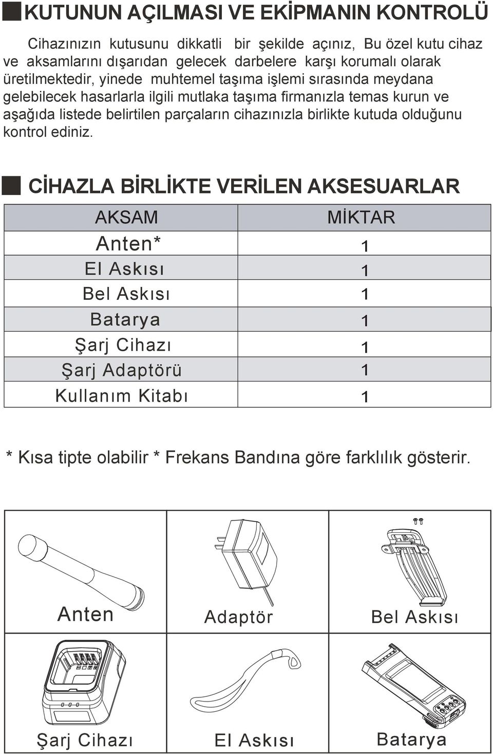 listede belirtilen parçaların cihazınızla birlikte kutuda olduğunu kontrol ediniz.