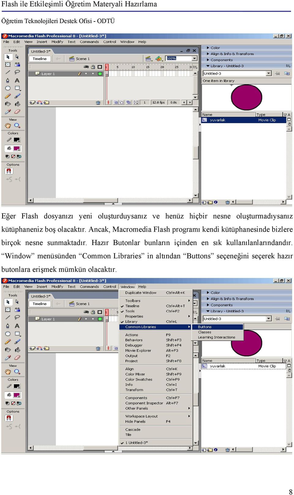 Ancak, Macromedia Flash programı kendi kütüphanesinde bizlere birçok nesne sunmaktadır.