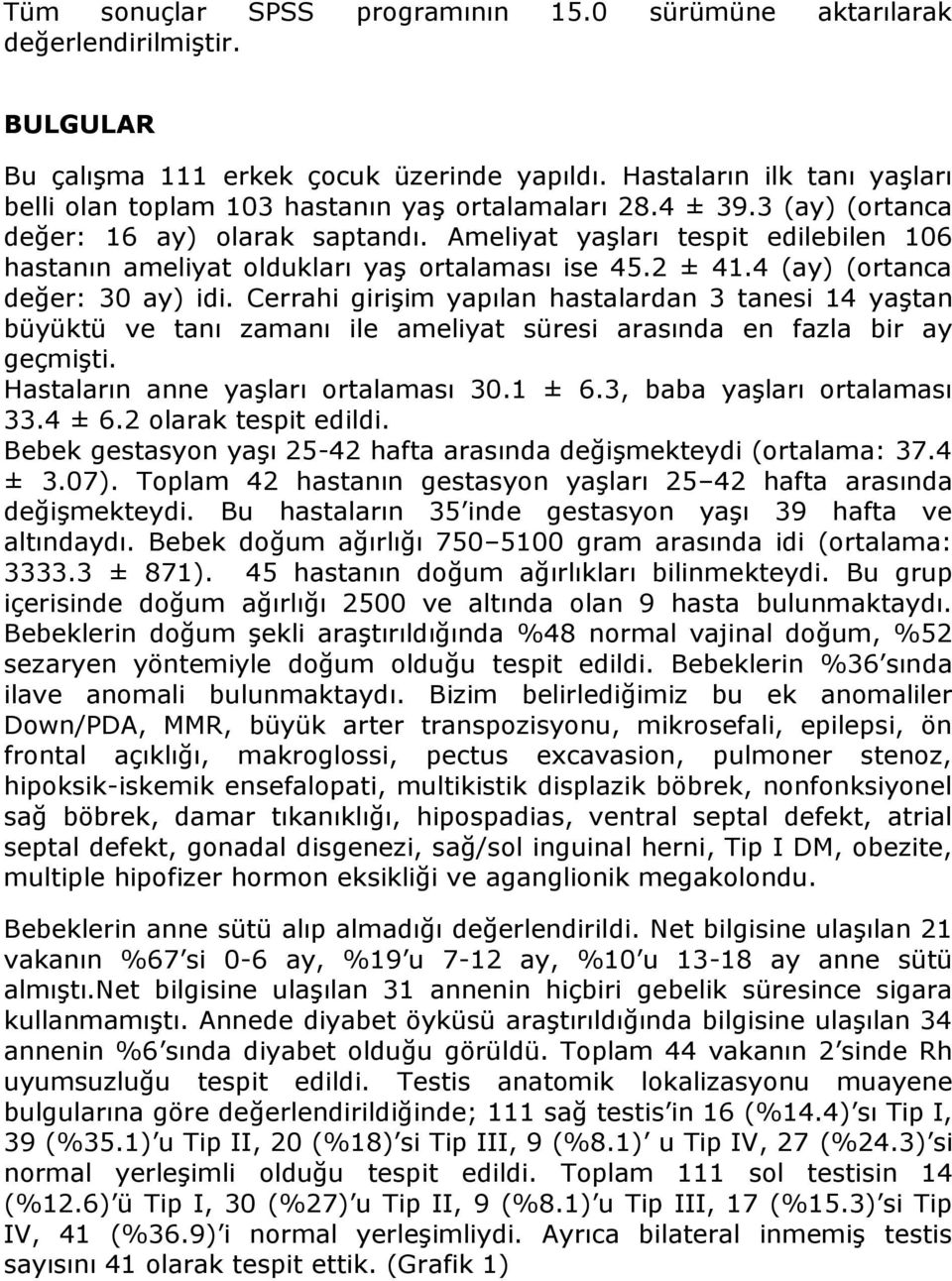 Ameliyat yaşları tespit edilebilen 106 hastanın ameliyat oldukları yaş ortalaması ise 45.2 ± 41.4 (ay) (ortanca değer: 30 ay) idi.