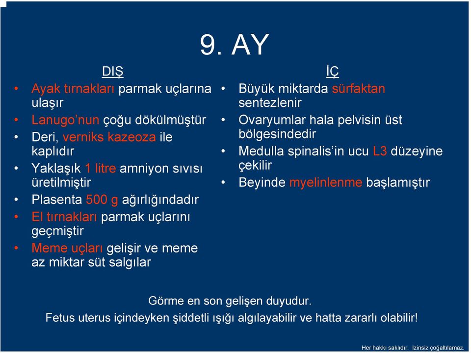 salgılar İÇ Büyük miktarda sürfaktan sentezlenir Ovaryumlar hala pelvisin üst bölgesindedir Medulla spinalis in ucu L3 düzeyine çekilir