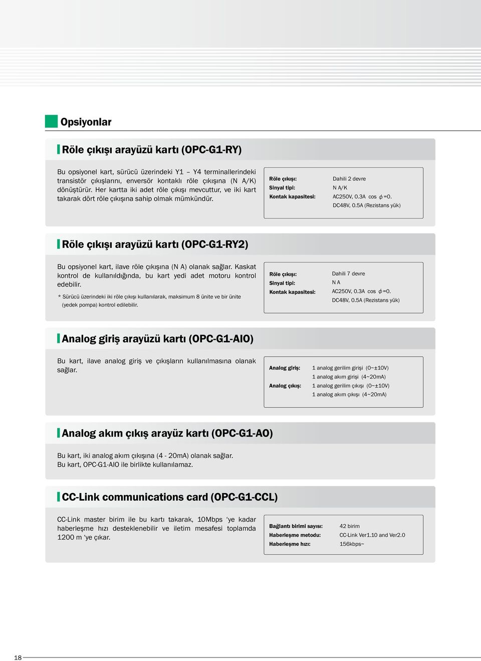 DC48V, 0.5A (Rezistans yük) Röle çıkışı arayüzü kartı (OPC-G1-RY2) Bu opsiyonel kart, ilave röle çıkışına (N A) olanak sağlar.