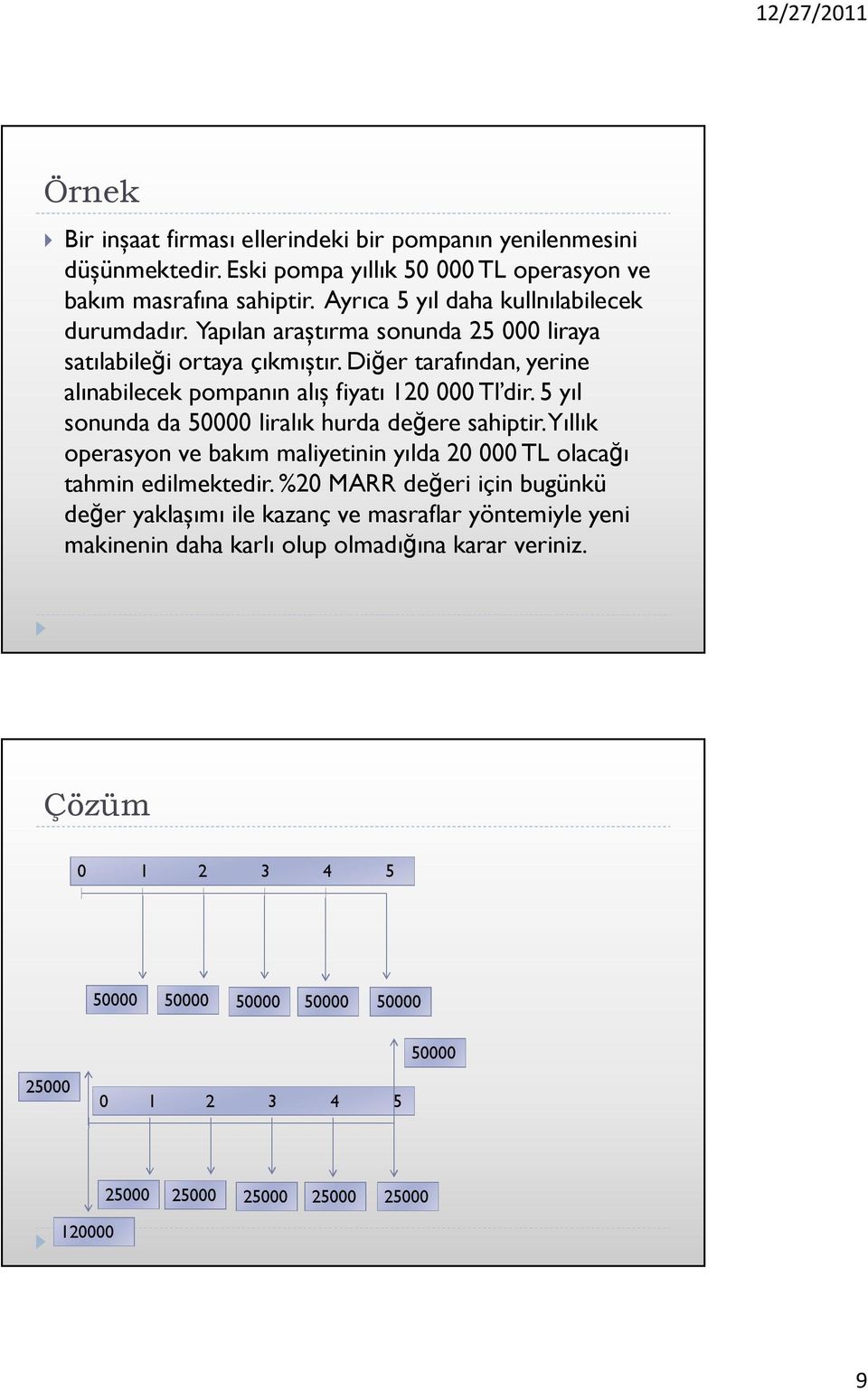 Diğer tarafından, yerine alınabilecek pompanın alış fiyatı 120 000 Tl dir. 5 yıl sonunda da 50000 liralık hurda değere sahiptir.