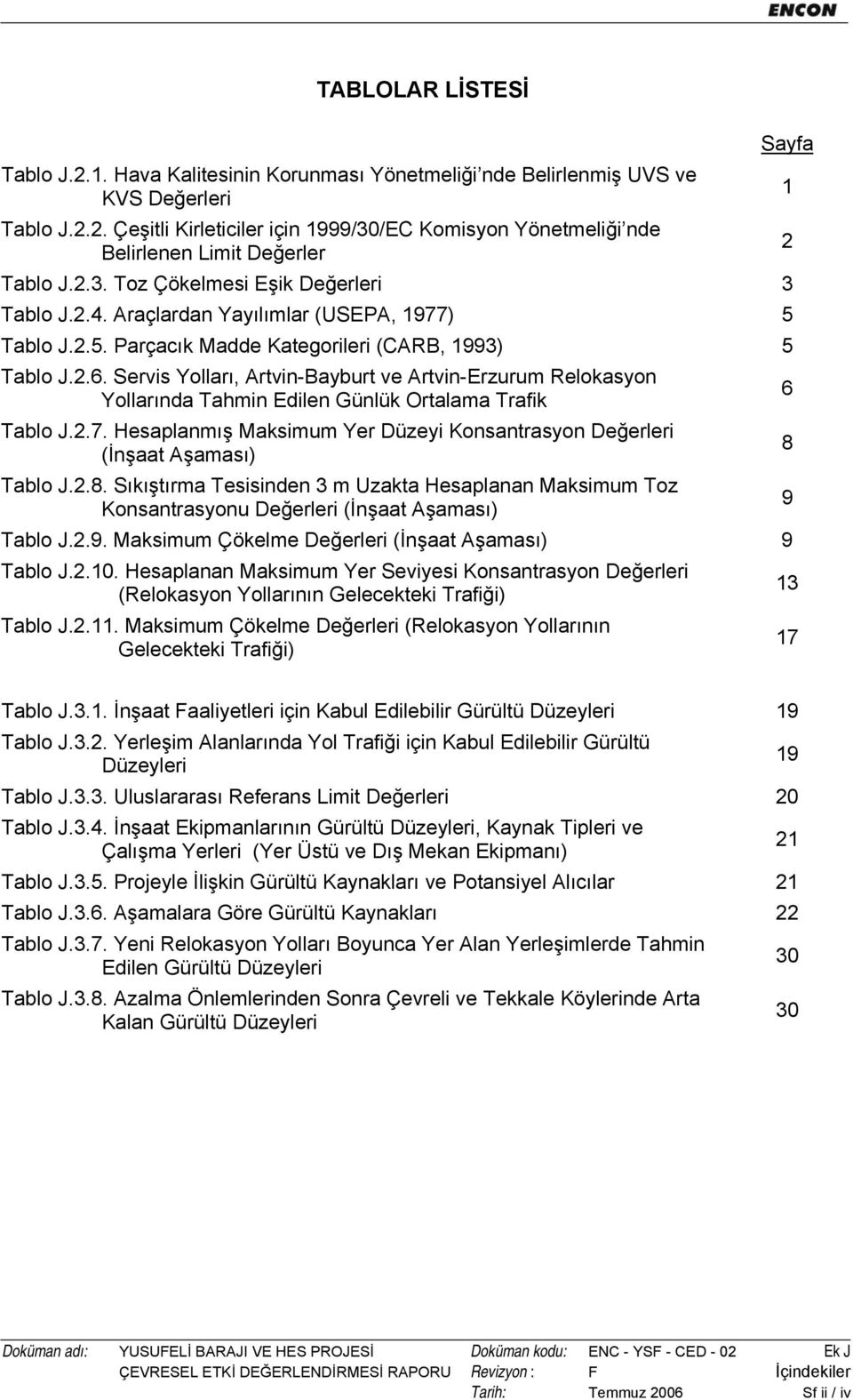 Servis Yolları, Artvin-Bayburt ve Artvin-Erzurum Relokasyon Yollarında Tahmin Edilen Günlük Ortalama Trafik Tablo J.2.7.