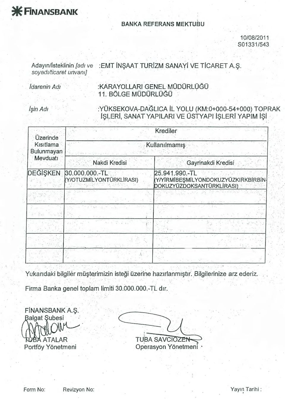 :YOKSEKOVA-DAGLICA IL YOLU (KM:0+000-54+000) TOPRAK I$LERI, SANATYAPILARI VE 0STYAPII$LERI YAPIM 1$1 Ozerinde K1s1tlama Bulunmayan Mevduat1 ; DEGI$KEN _ 30.000.000.-TL Y/OTUZMIL YONTORKLIRASI}.