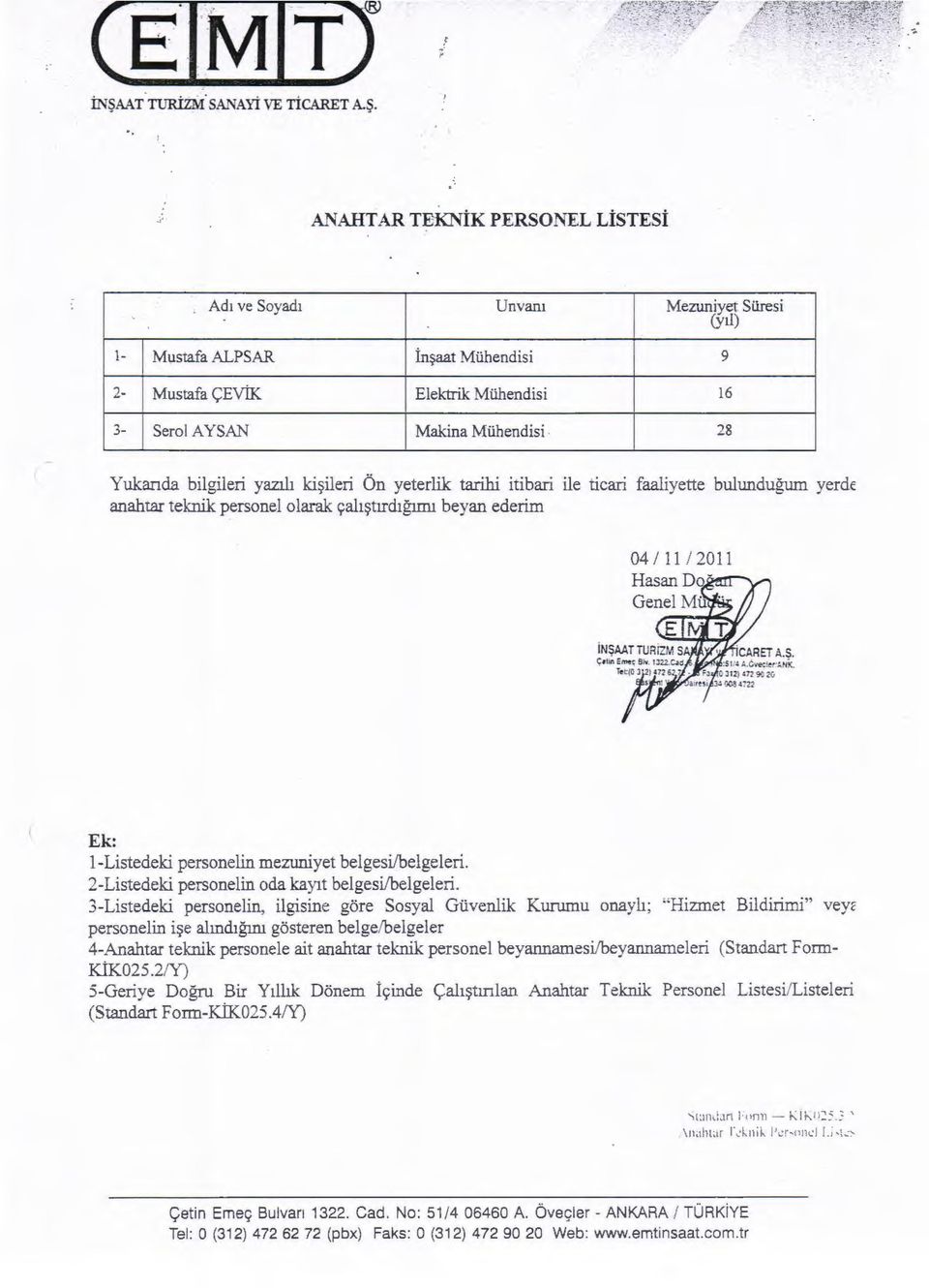 28 Yukanda bilgileri yazili ki~ileri On yeterlik tarihi itibari ile ticari faaliyette bulundugum yerde anahtar teknik personel olarak c;al1~trrd1guru beyan ederim 04 I 11 I 2011 Ek: 1-Listedeki