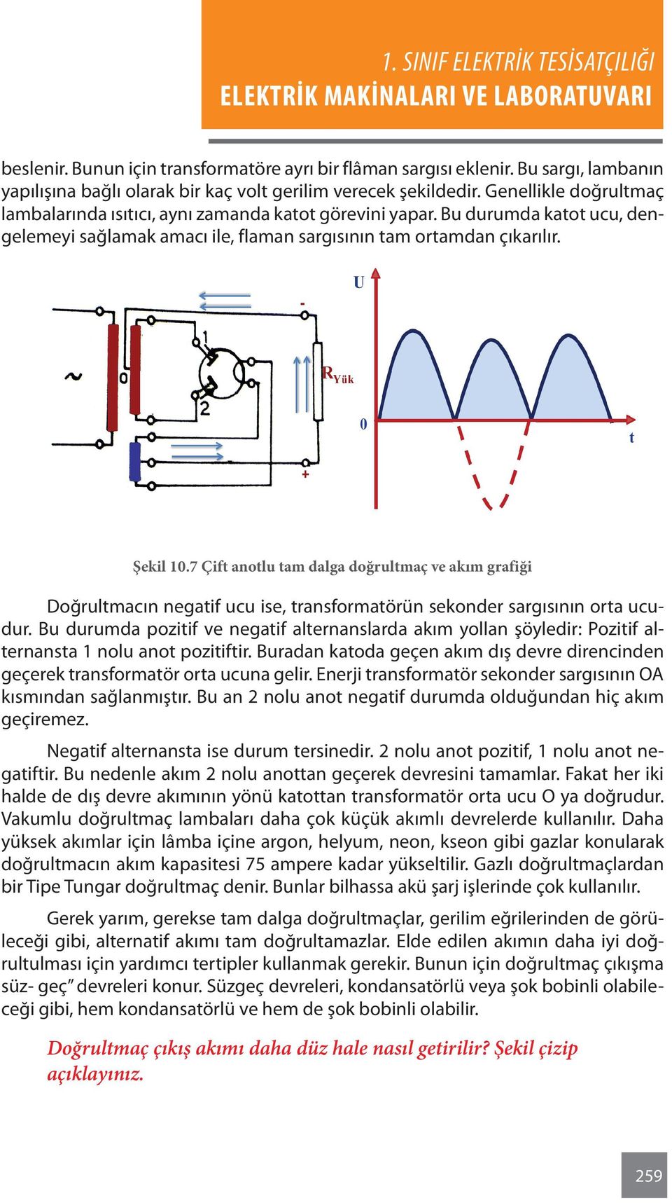 7 Çift anotlu tam dalga doğrultmaç ve akım grafiği Doğrultmacın negatif ucu ise, transformatörün sekonder sargısının orta ucudur.