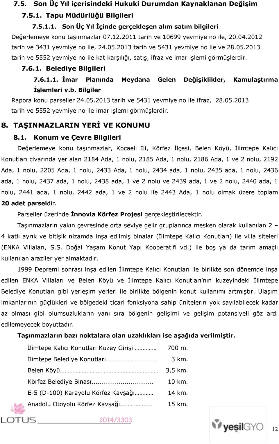 7.6.1. Belediye Bilgileri 7.6.1.1. Ġmar Planında Meydana Gelen DeğiĢiklikler, KamulaĢtırma ĠĢlemleri v.b. Bilgiler Rapora konu parseller 24.05.