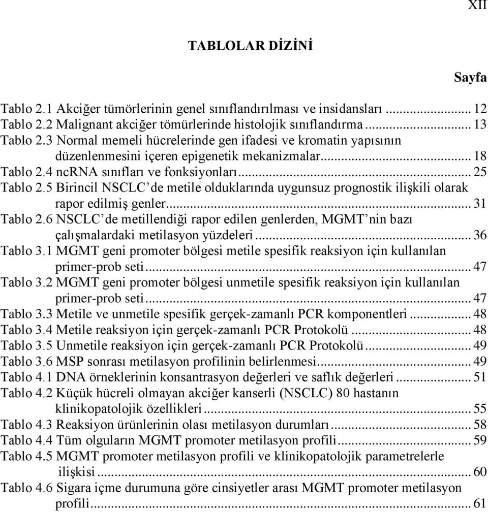 5 Birincil NSCLC de metile olduklarında uygunsuz prognostik ilişkili olarak rapor edilmiş genler... 31 Tablo 2.