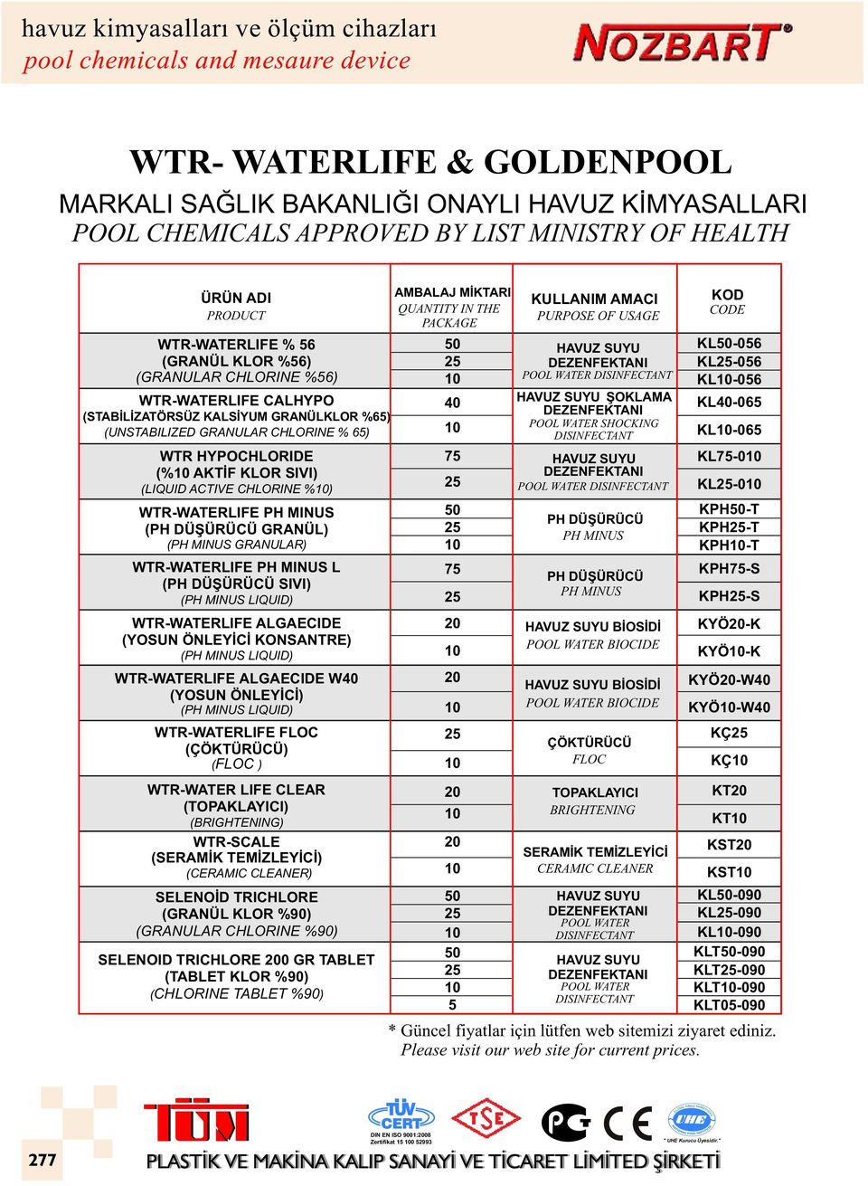 MINUS (PH DÜŞÜRÜCÜ GRANÜL) (PH MINUS GRANULAR) WTR-WATERLIFE PH MINUS L (PH DÜŞÜRÜCÜ SIVI) (PH MINUS LIQUID) WTR-WATERLIFE ALGAECIDE (YOSUN ÖNLEYİCİ KONSANTRE) (PH MINUS LIQUID) WTR-WATERLIFE