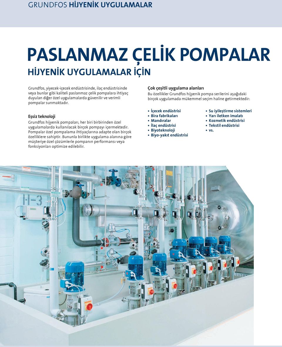 Çok çeşitli uygulama alanları Bu özellikler Grundfos hijyenik pompa serilerini aşağıdaki birçok uygulamada mükemmel seçim haline getirmektedir: Eşsiz teknoloji Grundfos hijyenik pompaları, her biri