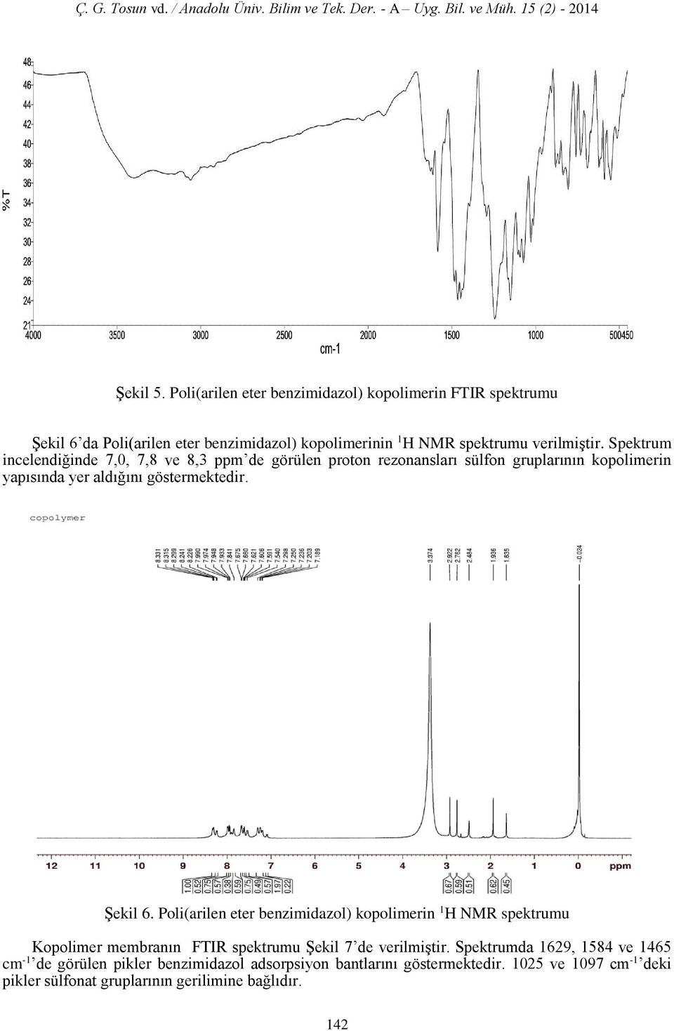 Poli(arilen eter benzimidazol) kopolimerin 1 H NMR spektrumu Kopolimer membranın FTIR spektrumu Şekil 7 de verilmiştir.