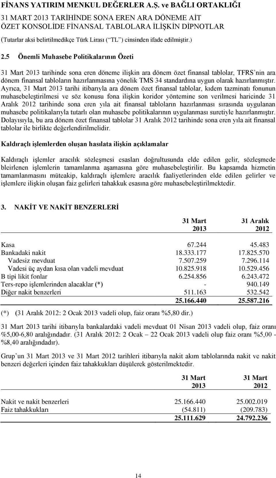 Ayrıca, tarihi itibarıyla ara dönem özet finansal tablolar, kıdem tazminatı fonunun muhasebeleştirilmesi ve söz konusu fona ilişkin koridor yöntemine son verilmesi haricinde 31 Aralık tarihinde sona