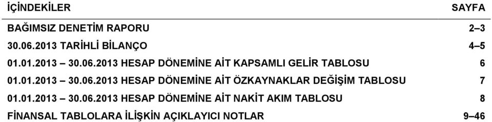 2013 HESAP DÖNEMİNE AİT KAPSAMLI GELİR TABLOSU 6 01.01.2013 30.06.