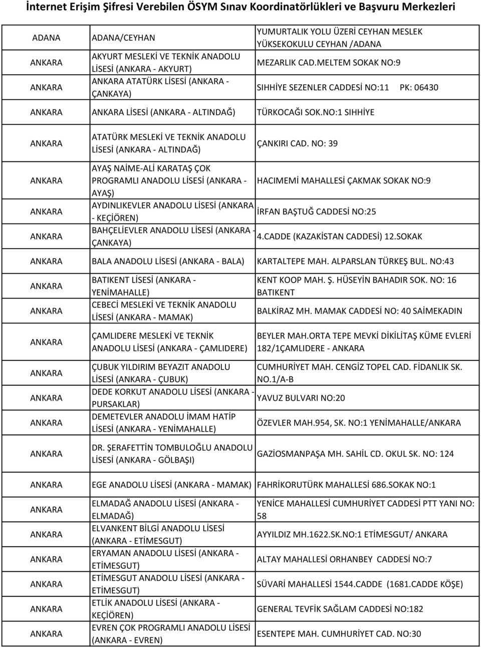 NO: 39 AYAŞ NAİME-ALİ KARATAŞ ÇOK PROGRAMLI ANADOLU LİSESİ ( - HACIMEMİ MAHALLESİ ÇAKMAK SOKAK NO:9 AYAŞ) AYDINLIKEVLER ANADOLU LİSESİ ( İRFAN BAŞTUĞ CADDESİ NO:25 - KEÇİÖREN) BAHÇELİEVLER ANADOLU