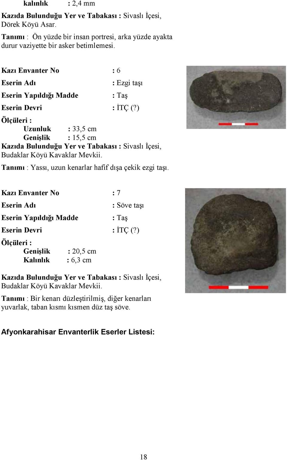 ) Ölçüleri : Uzunluk : 33,5 cm Genişlik : 15,5 cm Kazıda Bulunduğu Yer ve Tabakası : Sivaslı İçesi, Budaklar Köyü Kavaklar Mevkii. Tanımı : Yassı, uzun kenarlar hafif dışa çekik ezgi taşı.