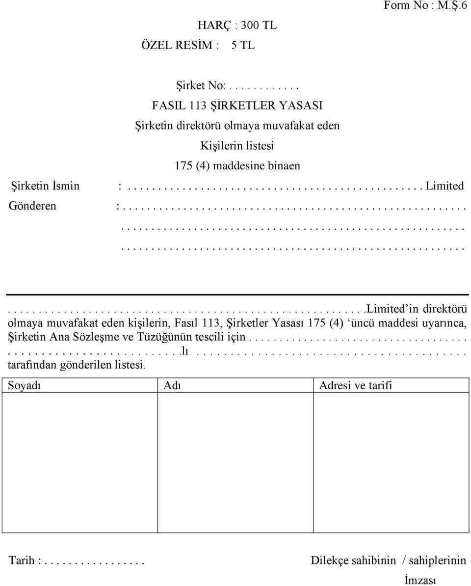 ....................................................................................................................................................................................................................................Limited in direktörü olmaya muvafakat eden kişilerin, Fasıl 113, Şirketler Yasası 175 (4) üncü maddesi uyarınca, Şirketin Ana Sözleşme ve Tüzüğünün tescili için.