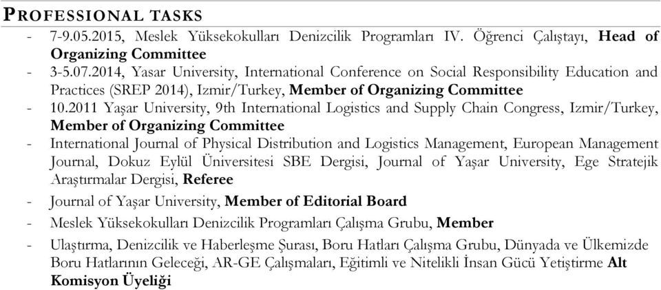 2011 Yaşar University, 9th International Logistics and Supply Chain Congress, Izmir/Turkey, Member of Organizing Committee - International Journal of Physical Distribution and Logistics Management,