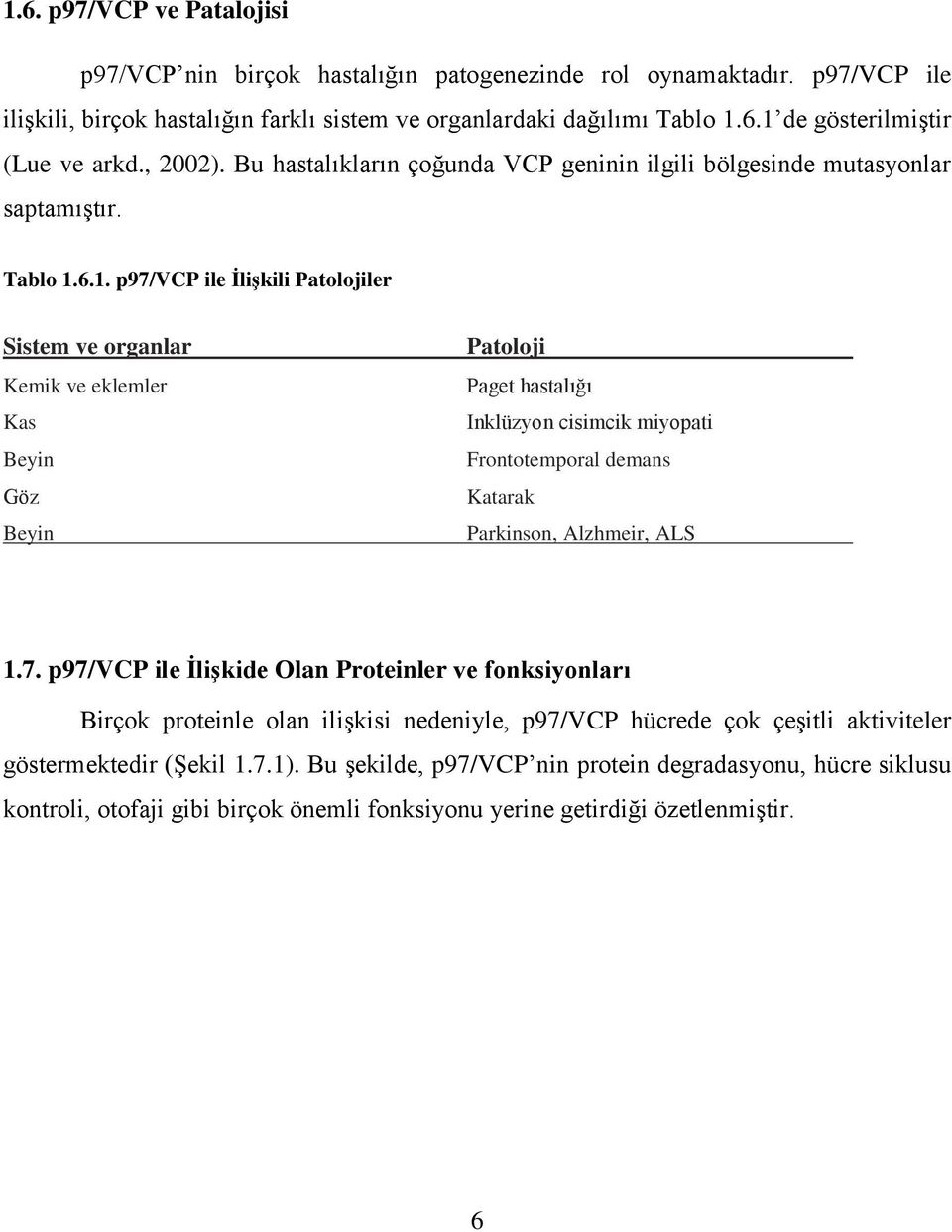 6.1. p97/vcp ile İlişkili Patolojiler Sistem ve organlar Kemik ve eklemler Kas Beyin Göz Beyin Patoloji Paget hastalığı Inklüzyon cisimcik miyopati Frontotemporal demans Katarak Parkinson, Alzhmeir,