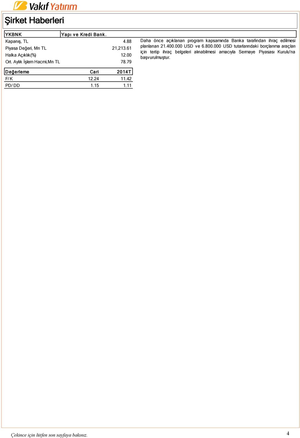 79 Daha önce açıklanan program kapsamında Banka tarafından ihraç edilmesi planlanan 21.400.000 USD ve 6.