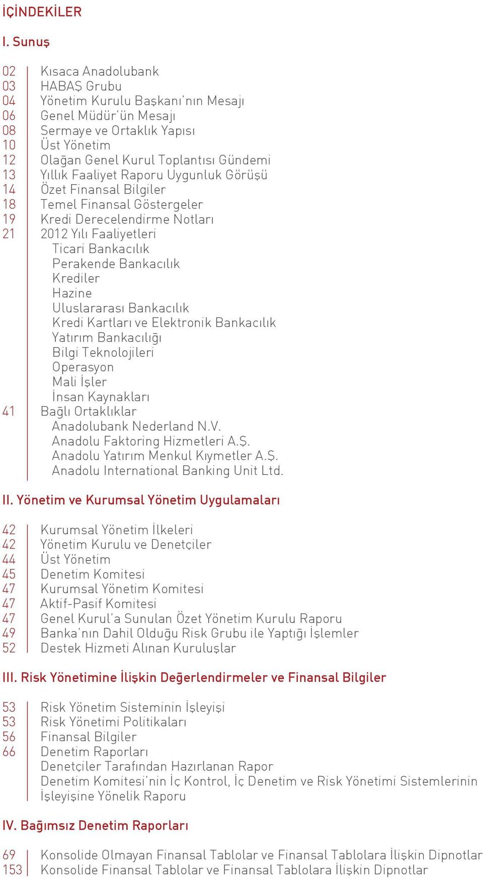 Yıllık Faaliyet Raporu Uygunluk Görüşü 14 Özet Finansal Bilgiler 18 Temel Finansal Göstergeler 19 Kredi Derecelendirme Notları 21 2012 Yılı Faaliyetleri Ticari Bankacılık Perakende Bankacılık