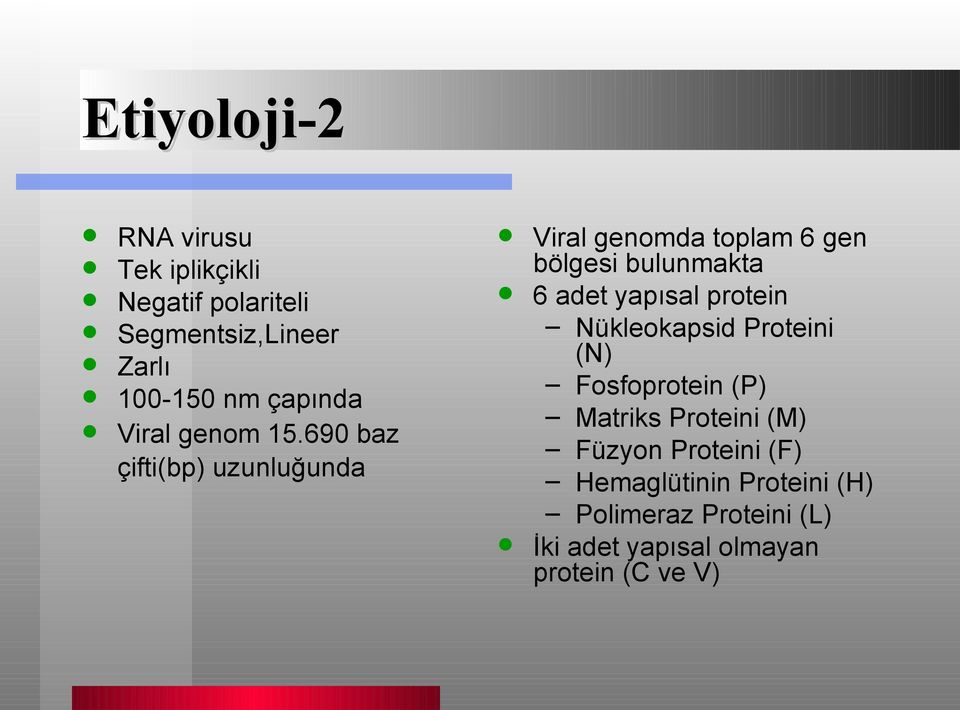 690 baz çifti(bp) uzunluğunda Viral genomda toplam 6 gen bölgesi bulunmakta 6 adet yapısal