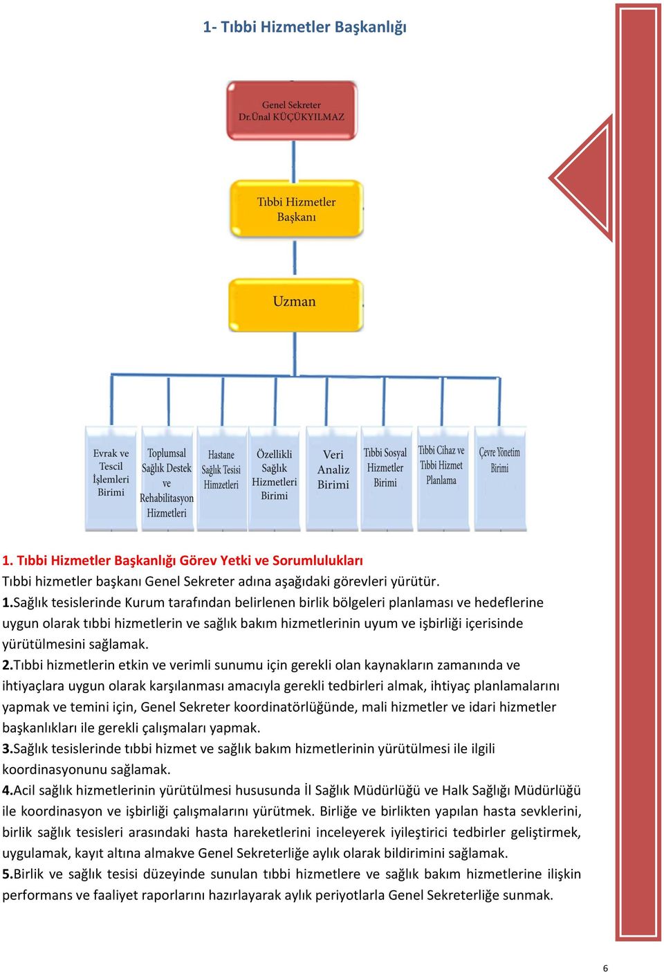 Sağlık tesislerinde Kurum tarafından belirlenen birlik bölgeleri planlaması ve hedeflerine uygun olarak tıbbi hizmetlerin ve sağlık bakım hizmetlerinin uyum ve işbirliği içerisinde yürütülmesini