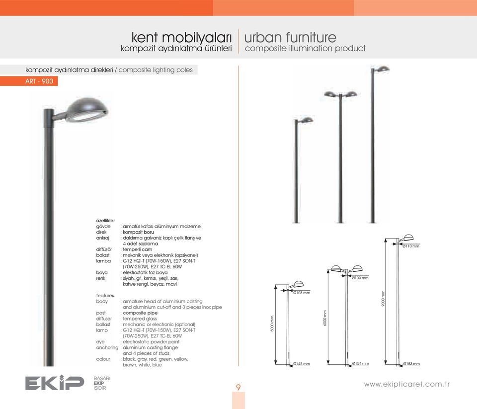 TC-EL 60W : elektrostatik toz boya : siyah, gri, kırmızı, yeşil, sarı, kahve rengi, beyaz, mavi Ø103 mm Ø110 mm features body : armature head of aluminium casting and aluminium cut-off and 3 pieces