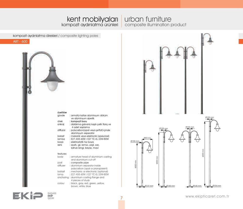 lamba : E27 A55 60W / E27 TC-EL 23W-80W boya : elektrostatik toz boya renk : siyah, gri, kırmızı, yeşil, sarı, kahve rengi, beyaz, mavi features body : armature head of aluminium casting and