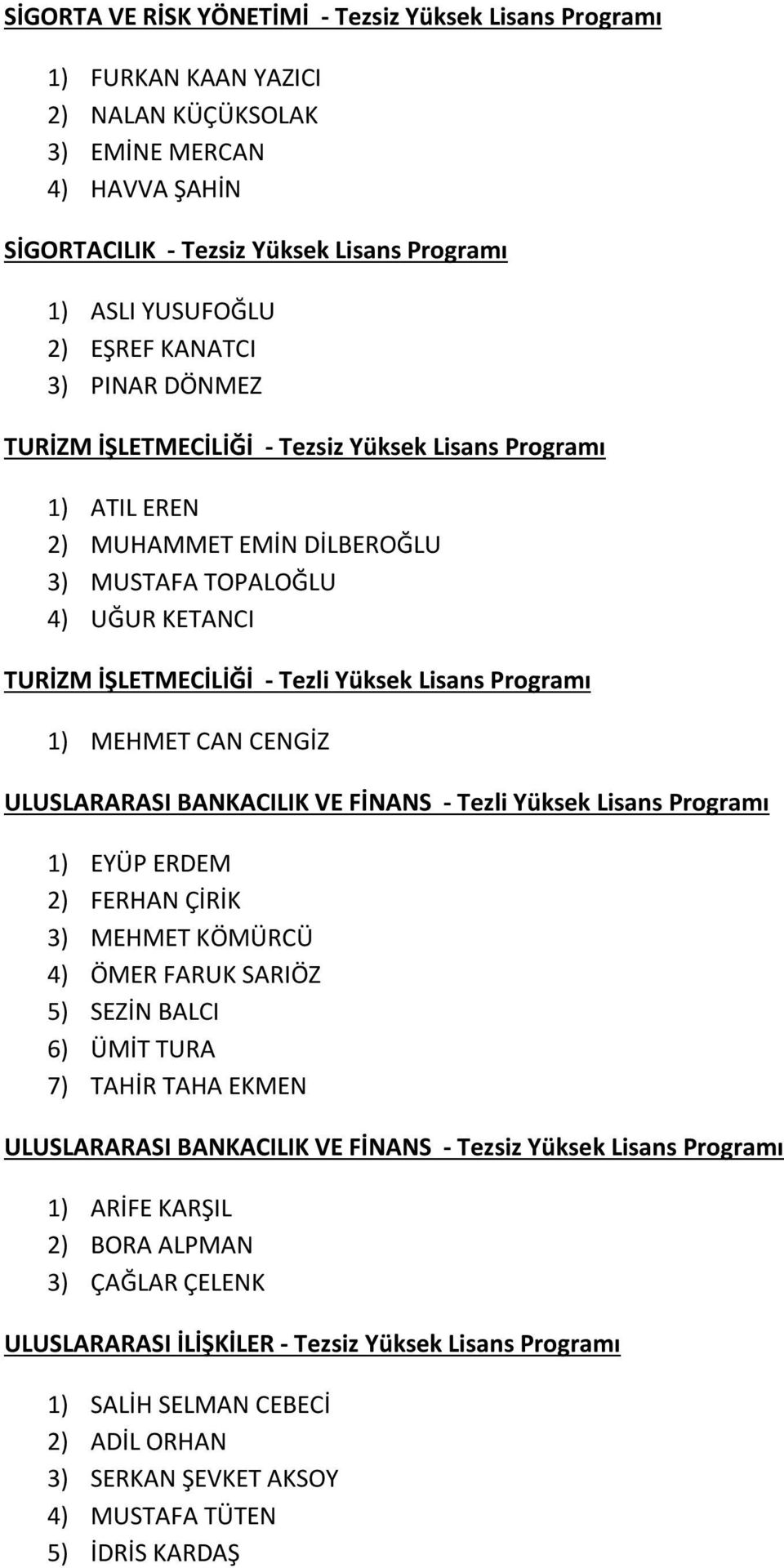 Lisans Programı 1) MEHMET CAN CENGİZ ULUSLARARASI BANKACILIK VE FİNANS - Tezli Yüksek Lisans Programı 1) EYÜP ERDEM 2) FERHAN ÇİRİK 3) MEHMET KÖMÜRCÜ 4) ÖMER FARUK SARIÖZ 5) SEZİN BALCI 6) ÜMİT TURA