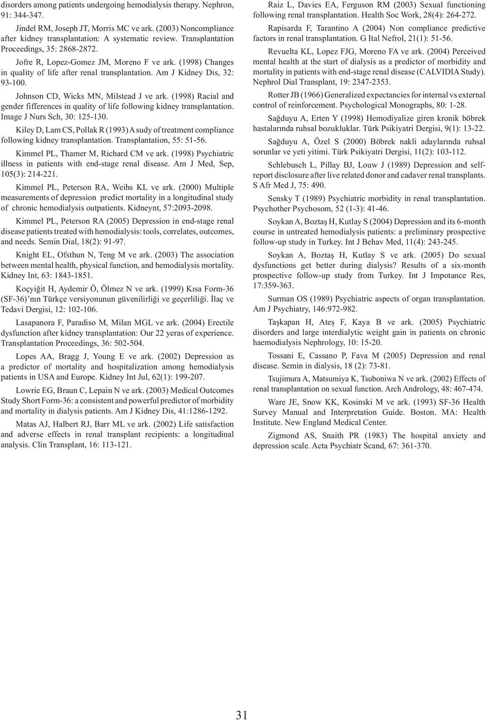 Johnson CD, Wicks MN, Milstead J ve ark. (1998) Racial and gender fifferences in quality of life following kidney transplantation. Image J Nurs Sch, 30: 125-130.