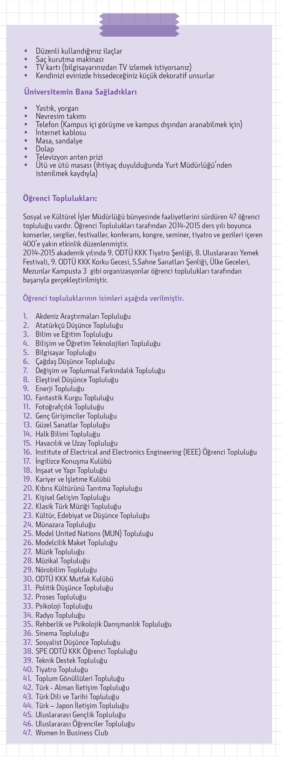 Yurt Müdürlüğü nden istenilmek kaydıyla) Öğrenci Toplulukları: Sosyal ve Kültürel İşler Müdürlüğü bünyesinde faaliyetlerini sürdüren 47 öğrenci topluluğu vardır.