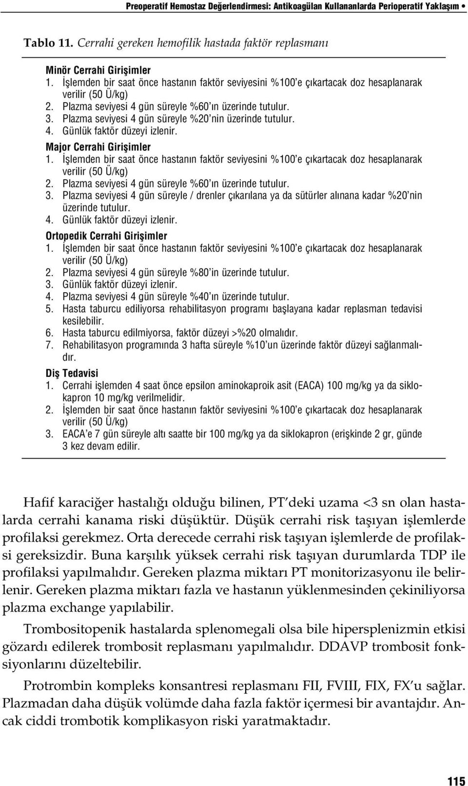 Plazma seviyesi 4 gün süreyle %20 nin üzerinde tutulur. 4. Günlük faktör düzeyi izlenir. Major Cerrahi Giriflimler 1.