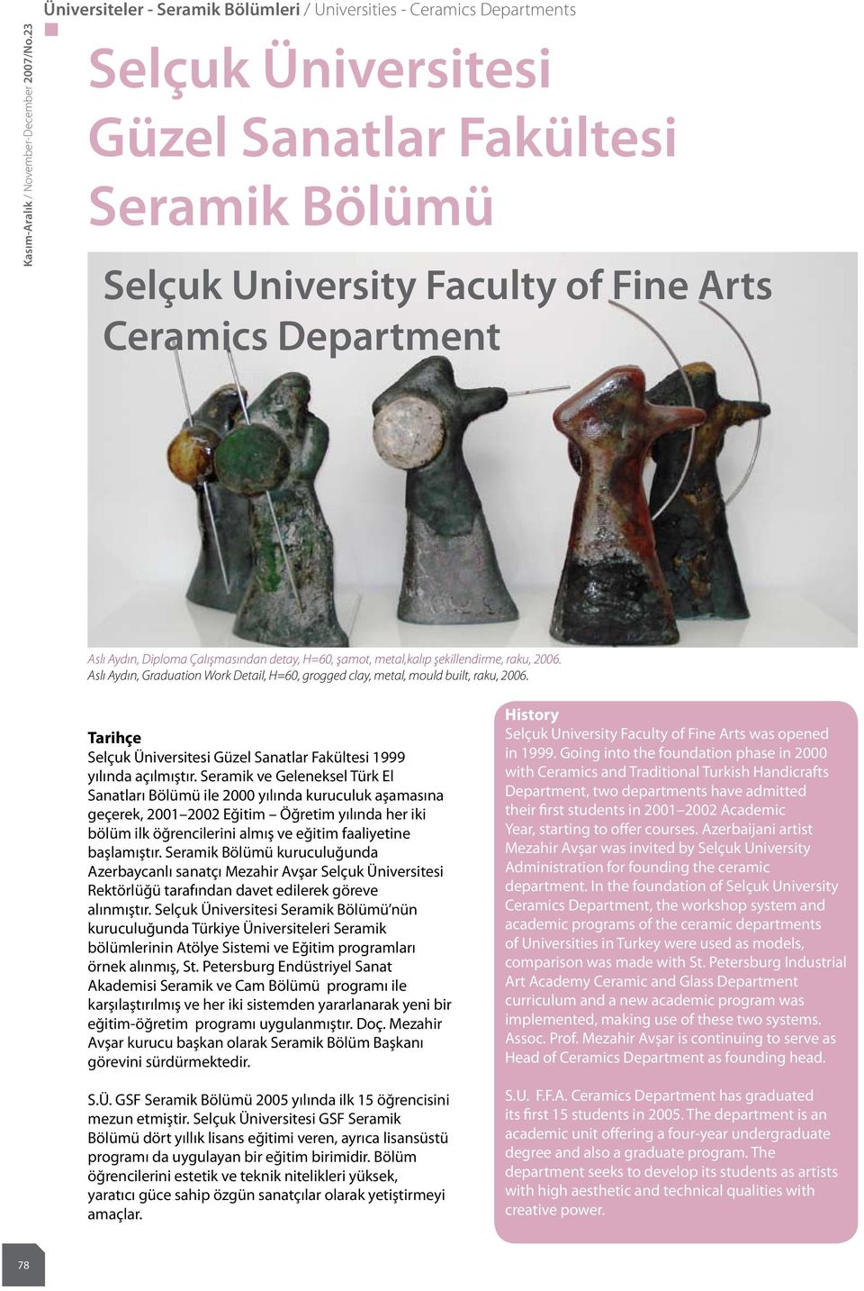 şekillendirme, raku, 2006. Aslı Aydın, Graduation Work Detail, H=60, grogged clay, metal, mould built, raku, 2006. Tarihçe Selçuk Üniversitesi Güzel Sanatlar Fakültesi 1999 yılında açılmıştır.