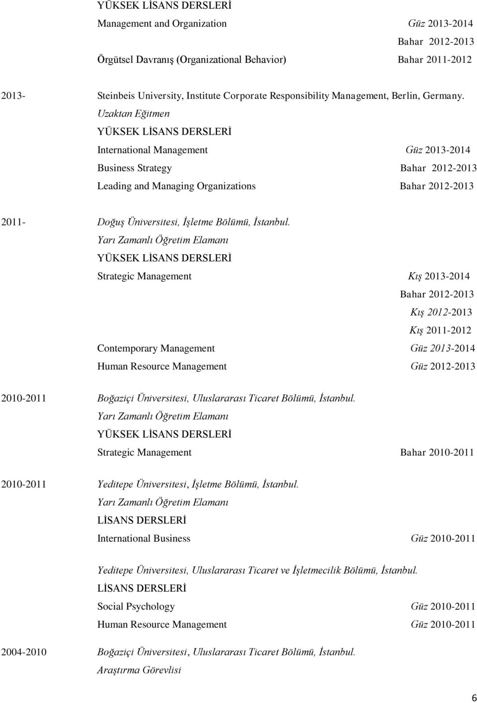 Uzaktan Eğitmen YÜKSEK LİSANS DERSLERİ International Management Güz 2013-2014 Business Strategy Bahar 2012-2013 Leading and Managing Organizations Bahar 2012-2013 2011- Doğuş Üniversitesi, İşletme