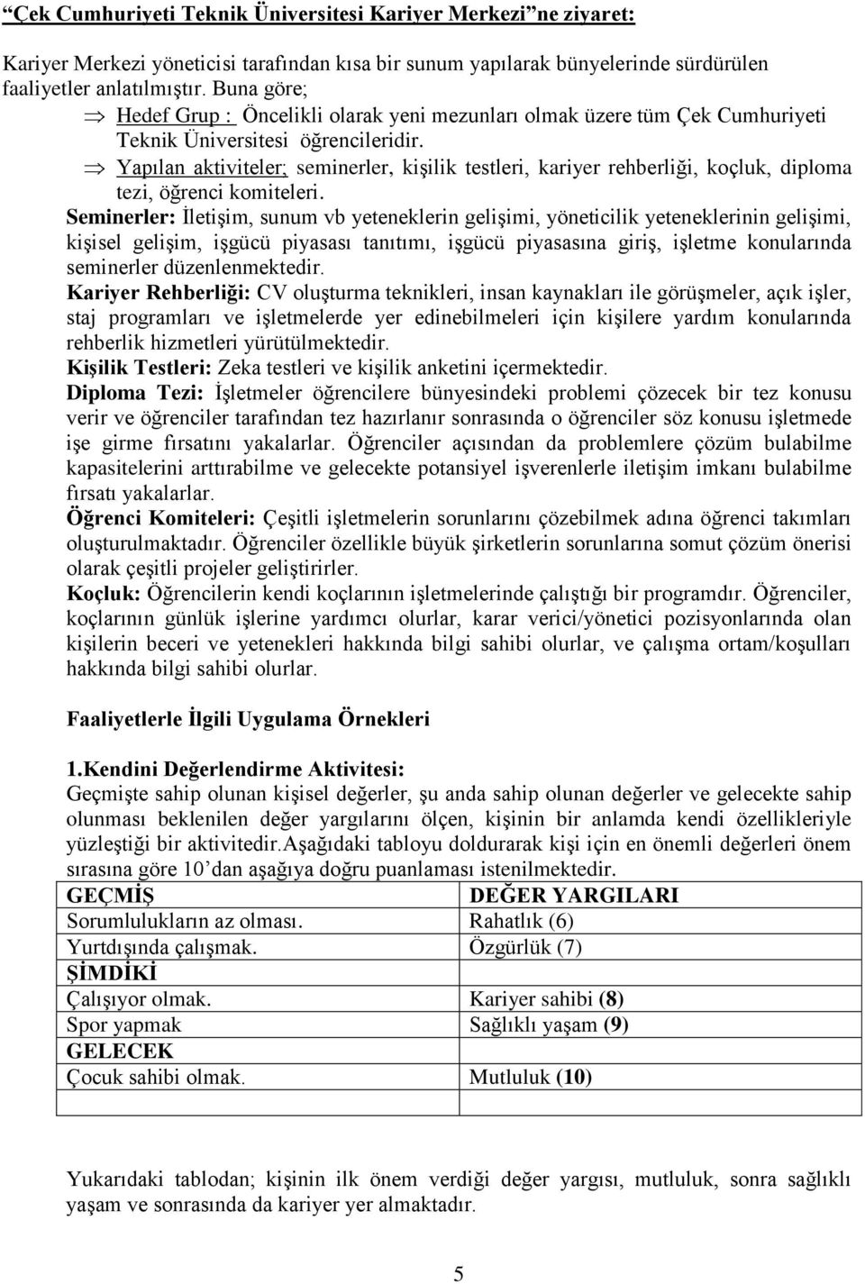 Yapılan aktiviteler; seminerler, kişilik testleri, kariyer rehberliği, koçluk, diploma tezi, öğrenci komiteleri.