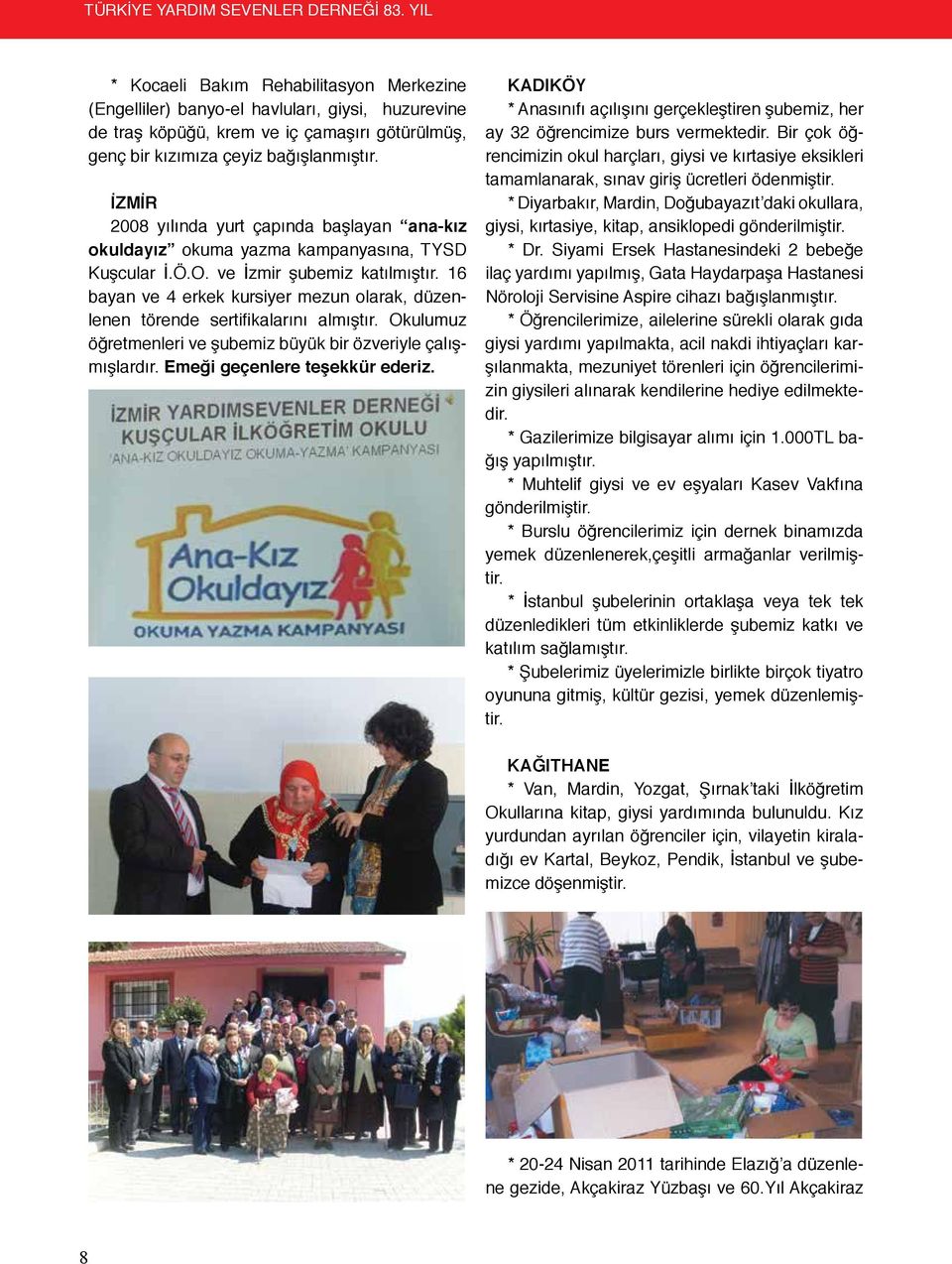 İZMİR 2008 yılında yurt çapında başlayan ana-kız okuldayız okuma yazma kampanyasına, TYSD Kuşcular İ.Ö.O. ve İzmir şubemiz katılmıştır.