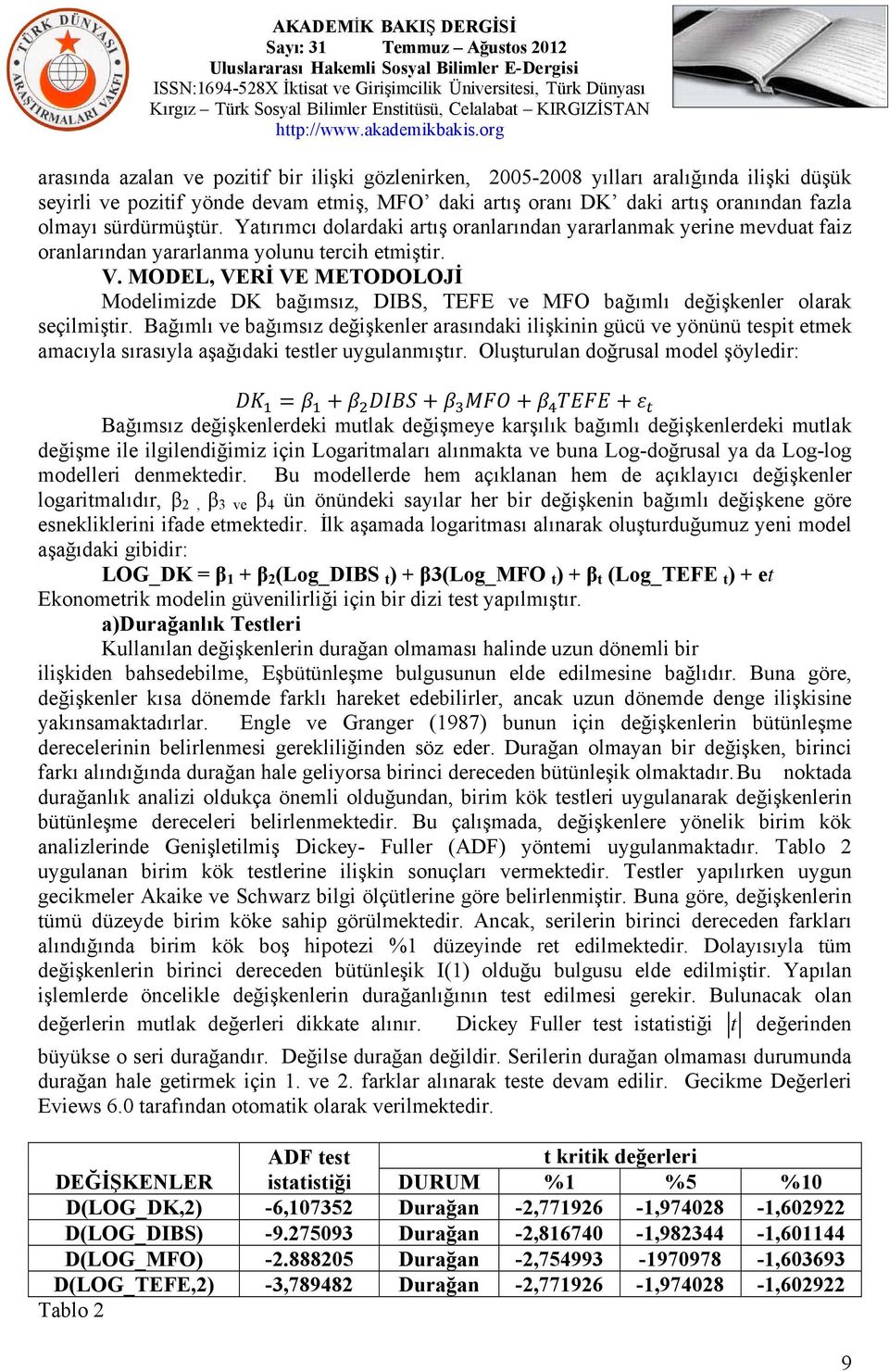 MODEL, VERİ VE METODOLOJİ Modelimizde DK bağımsız, DIBS, TEFE ve MFO bağımlı değişkenler olarak seçilmiştir.