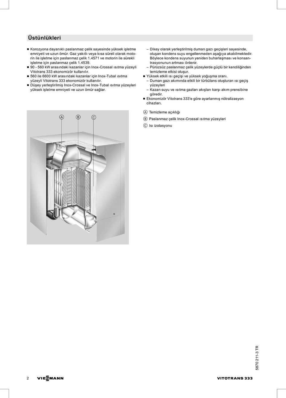 & 560 ile 6600 kw arasındaki kazanlar için Inox-Tubal ısıtma yüzeyli Vitotrans 333 ekonomizör kullanılır.